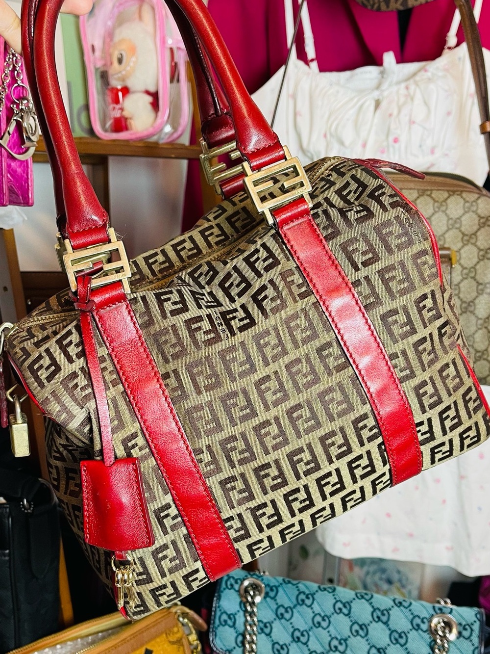 Fendi Authentic Brown Zucca Canvas Satchel with Red Leather Trim - Picture 7 of 15